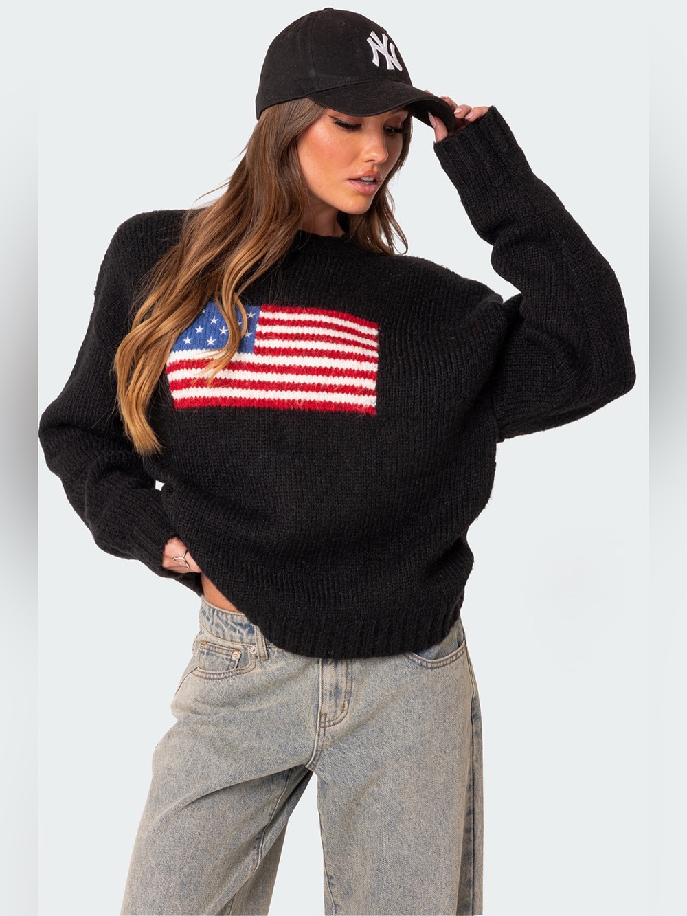 Edikted USA Oversized Chunky Knit Sweater Black Flag Pullover Large 4th of July